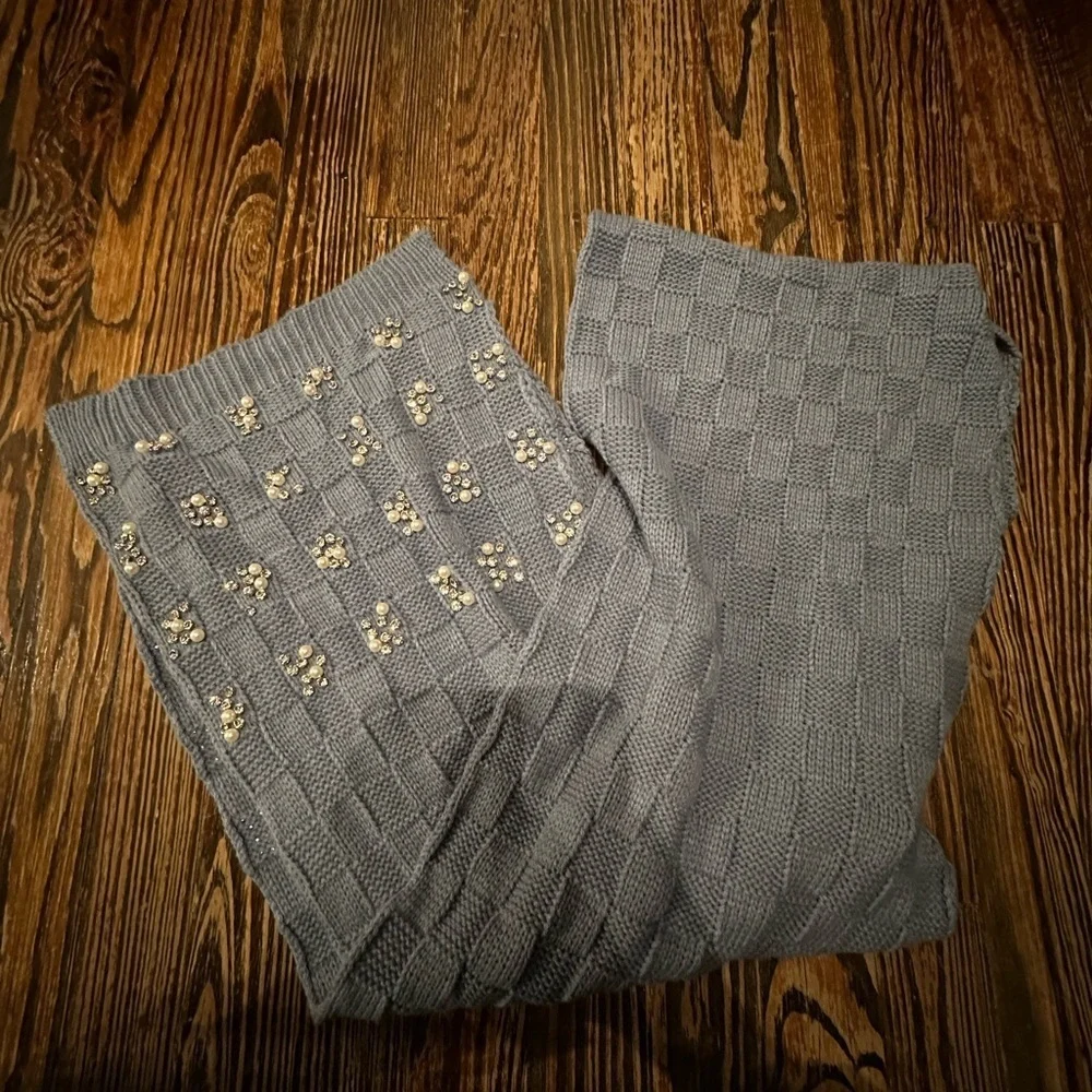 FREE PEOPLE RHINESTONE AND PEARL BLUE Knit Scarf with Embellishments